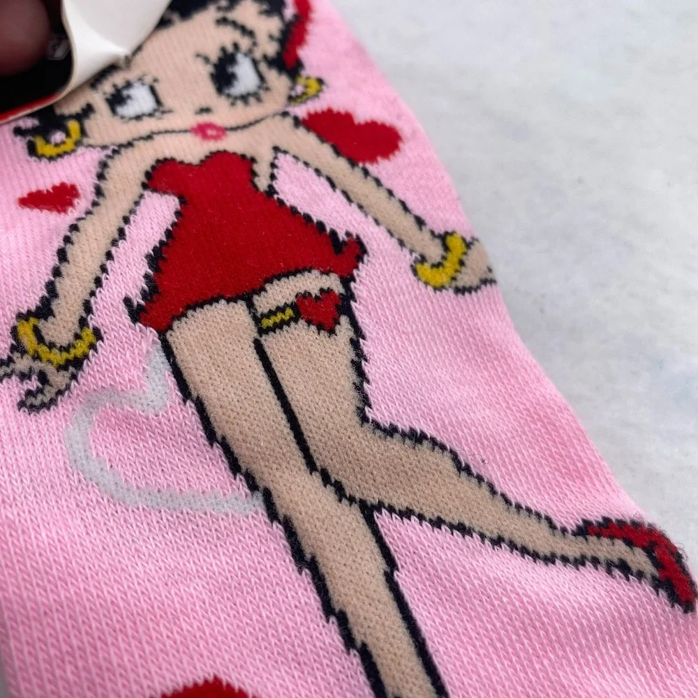 Betty Boop Pink Crew Socks Cartoon Hearts Novelty Unisex Size 9-11 New
